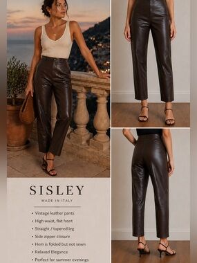 Sisley Italy Brown Leather Pants Women's Size 28 High Waist Tapered Vintage